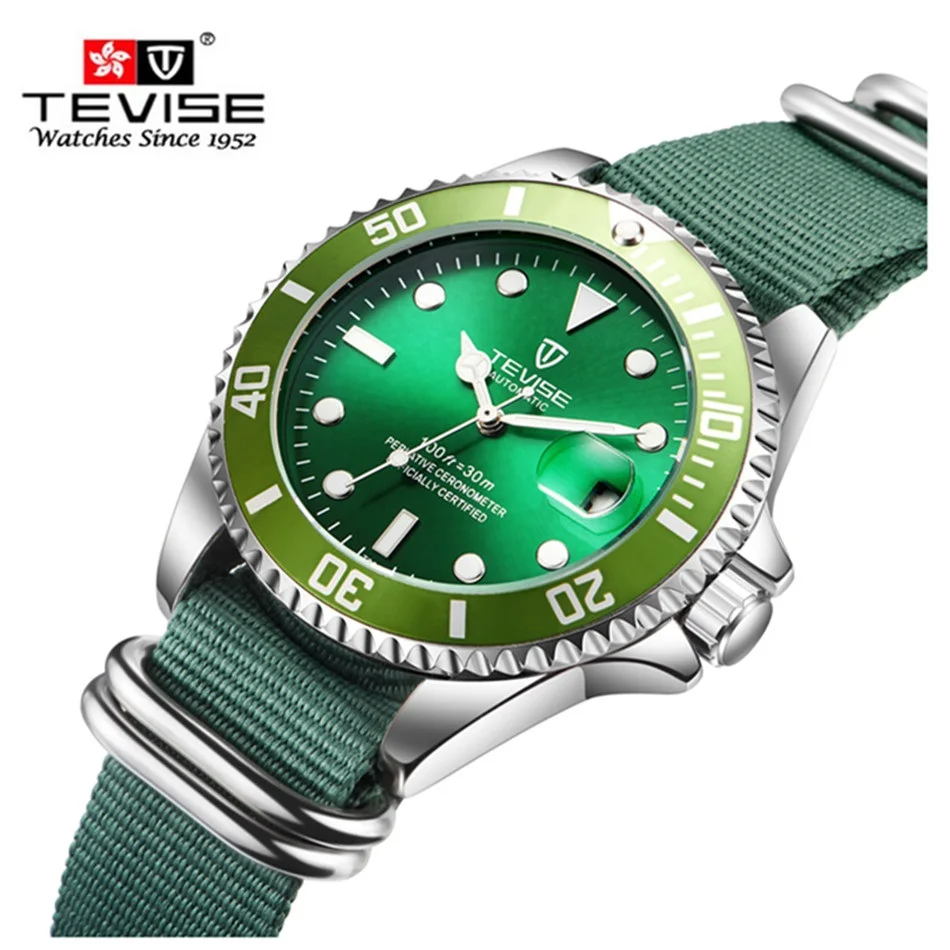 Imagem -05 - Tevise-relógio Giratório Verde Masculino Mecânico Automático Anti-risco Anel Exterior Impermeável Luminoso Marca de Topo Luxo