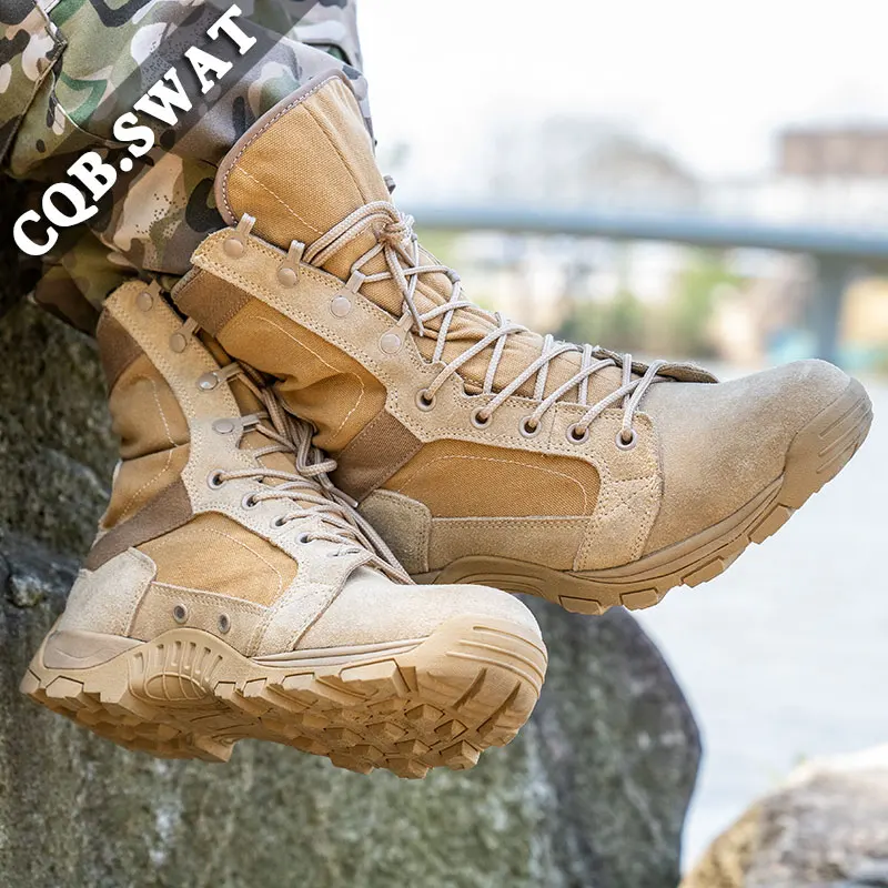 CQB.SWAT Summer Leather Breathable Mens Hiking Boots Tactical Army Boots Combat lace-up super light Boots