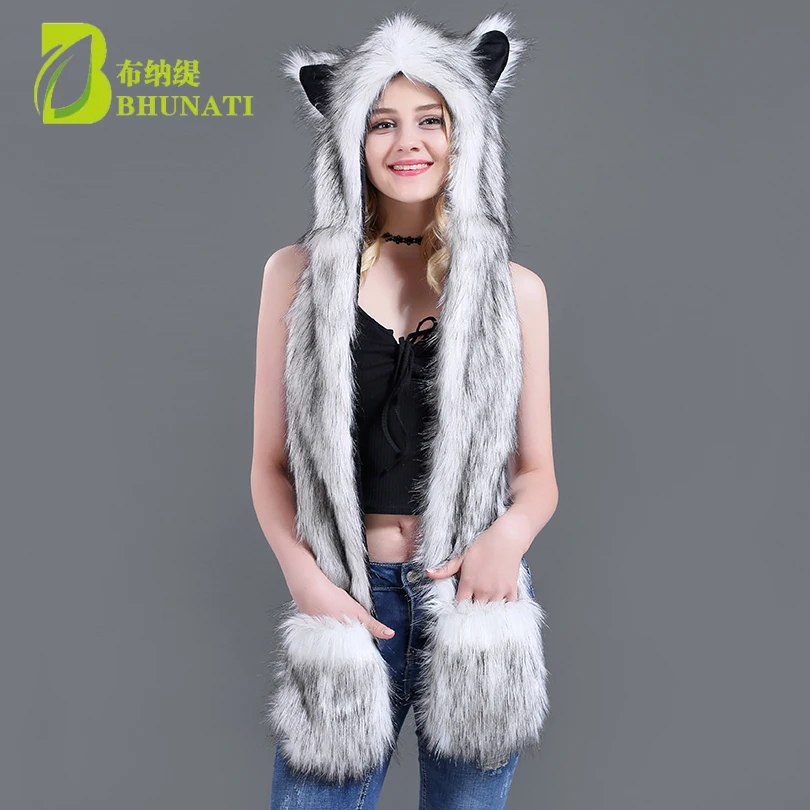 

2018 White Fox Winter Hoods Animal Cute Faux Cosplay Fur Cap Hat Faux Fur Cute Cartoon Caps Muffler Hat With Scarves