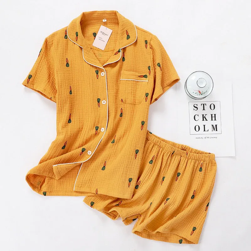 Women Pajamas Set Summer Comfort Gauze Cotton Turn-down Collar Sleepwear Set Ladies Thin Loose Cartoon Carrot Printed Homewear