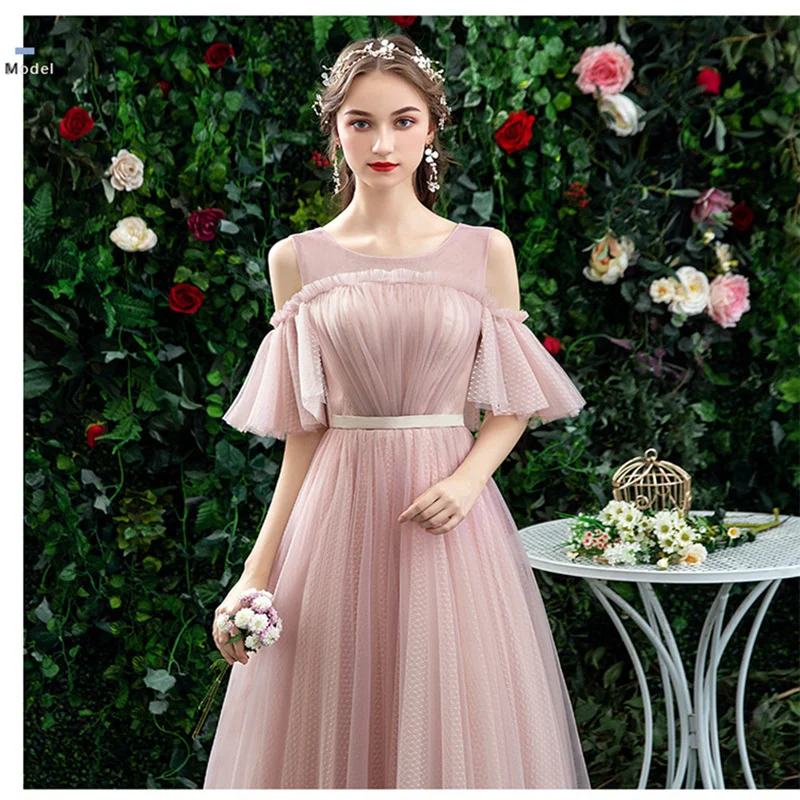 Beauty Emily Boat Neck Tulle Bridesmaid Dresses Long 2021 New Chiffon Ruched Ceremony Party Dress Vestido de dama de honor