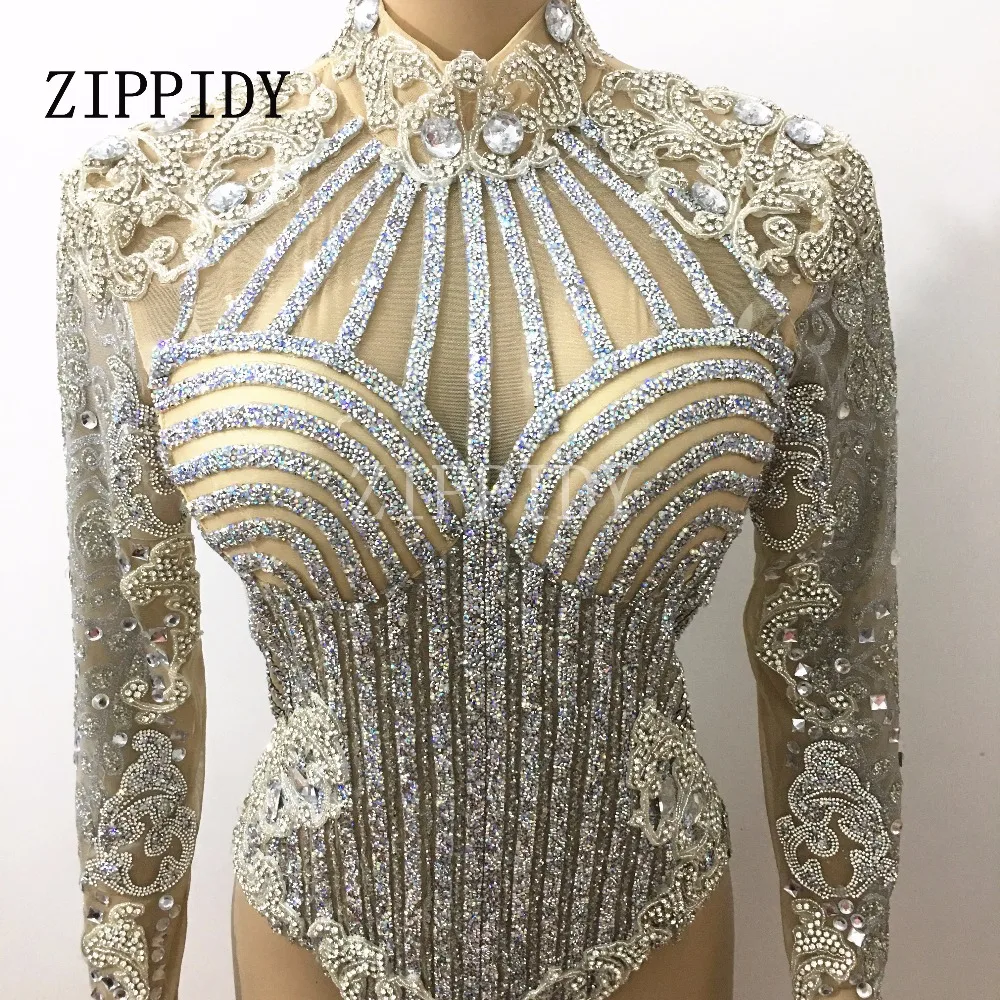 Silver Glisten Rhinestones Leotard long Sleeves Belt Outfit Performance Party Celebrate luxurious Costume Bodysuit Clothing