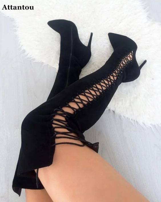 

Hot selling black suede side lace-up high heel boots pointed toe stiletto heel shoes woman boots over the knee riding boots