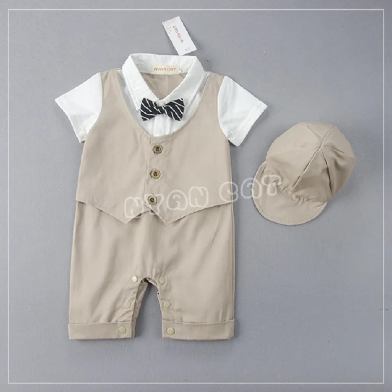 2018 Navy Beige Fashion Baby Boys Clothes 0-2Years Baby Rompers Tuxedo Jumpsuit+Hat Vest Baby Clothing Set Costume Party Dress