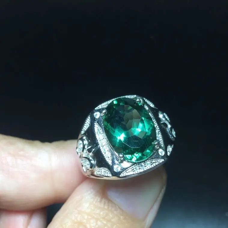 Men Ring Green Crystal Natural Real Green Crystal 925 sterling silver Gem size 10*14mm Fine Green crystal Men Ring