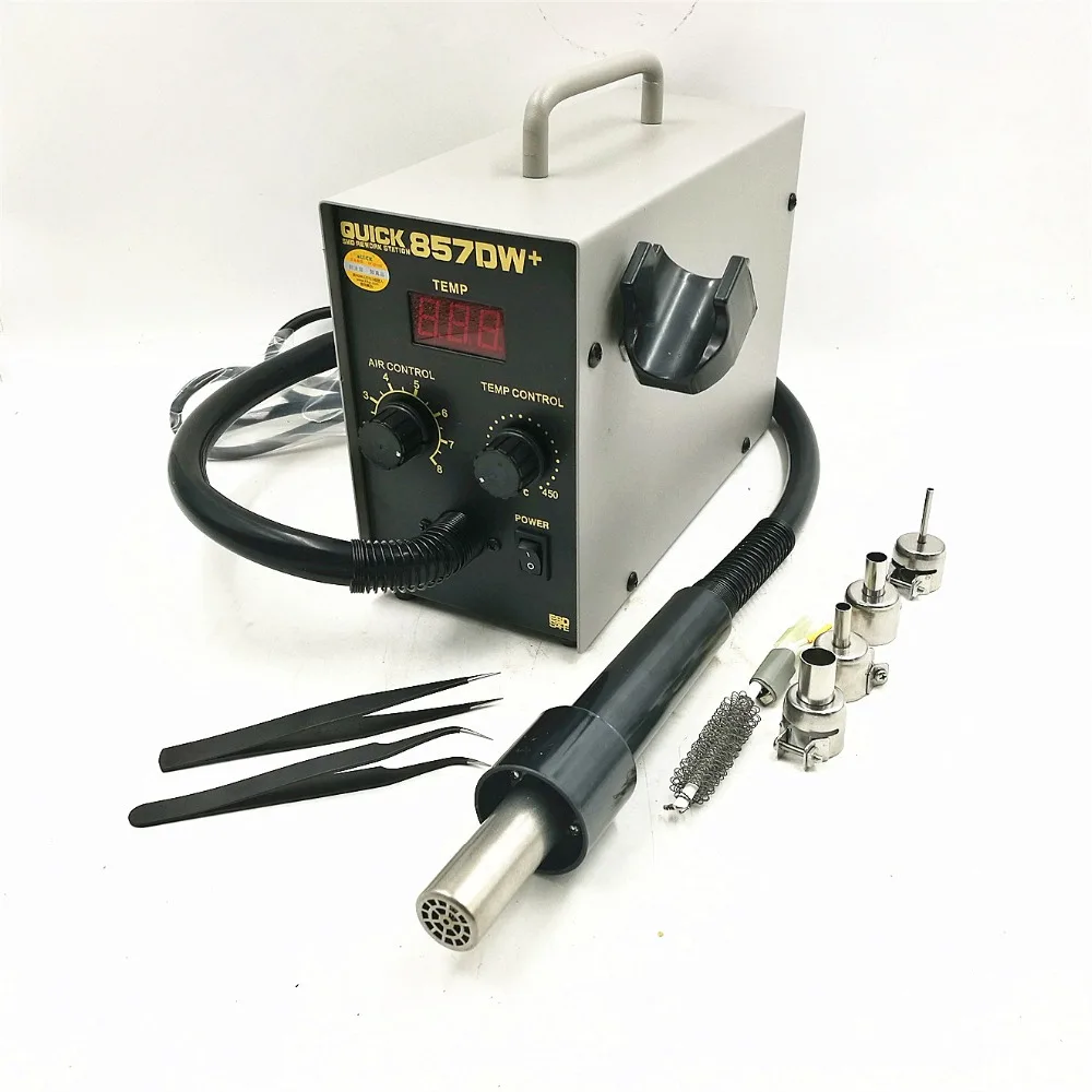 QUICK 857DW+ Lead Free Adjustable Hot Air Heat Gun With Helical Wind 580W SMD Rework Station With 4 Air Nozzles