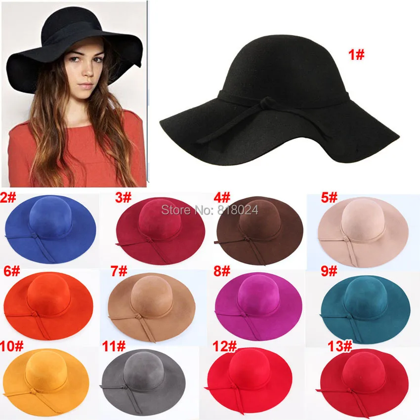 

50pcs NEW Women Vintage Retro Wool Felt Crushable Wide Brim Cloche Fedora Floppy Sun Beach Spring Hat Cap Goth Bowknot Band