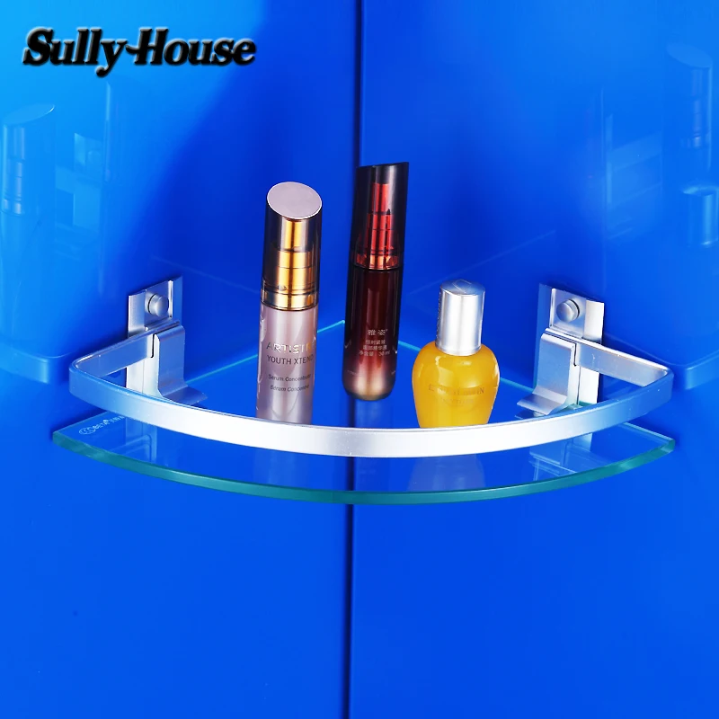 Sully House Bathroom Aluminum Corner 8mm Thickness Tempered Glass Shelf,bathroom triangle glass shelves,Shampoo Showerroom Rack