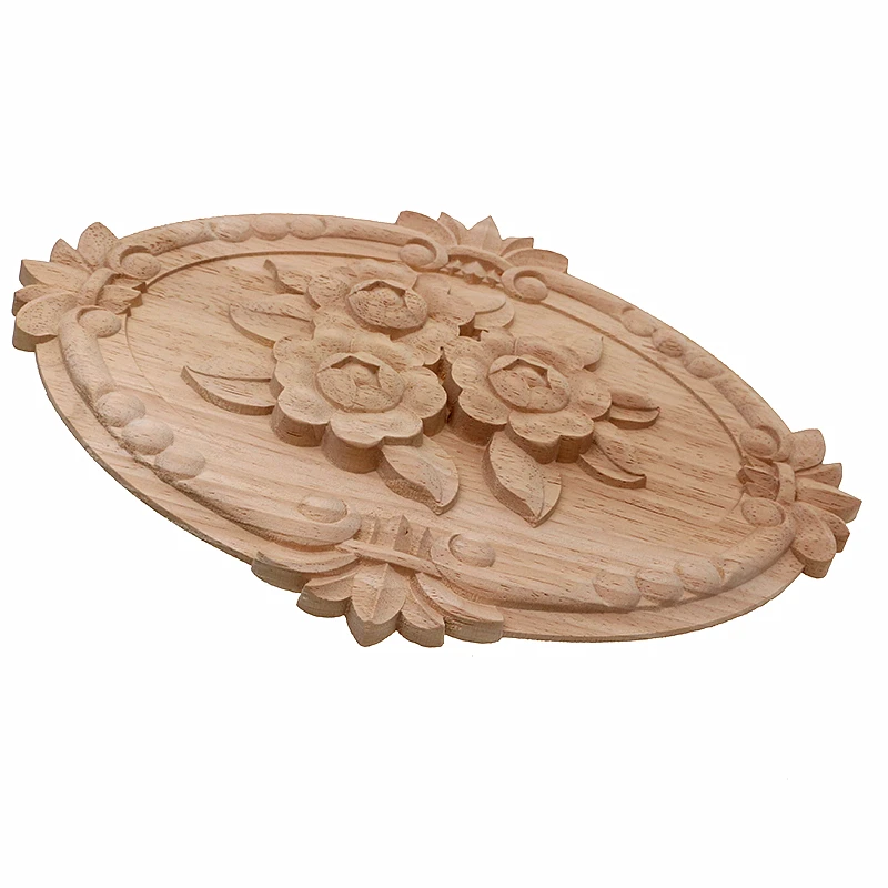 VZLX Flower Carving Natural Wood Appliques For Furniture Cabinet Unpainted Wooden Mouldings Decal Decorative Figurine