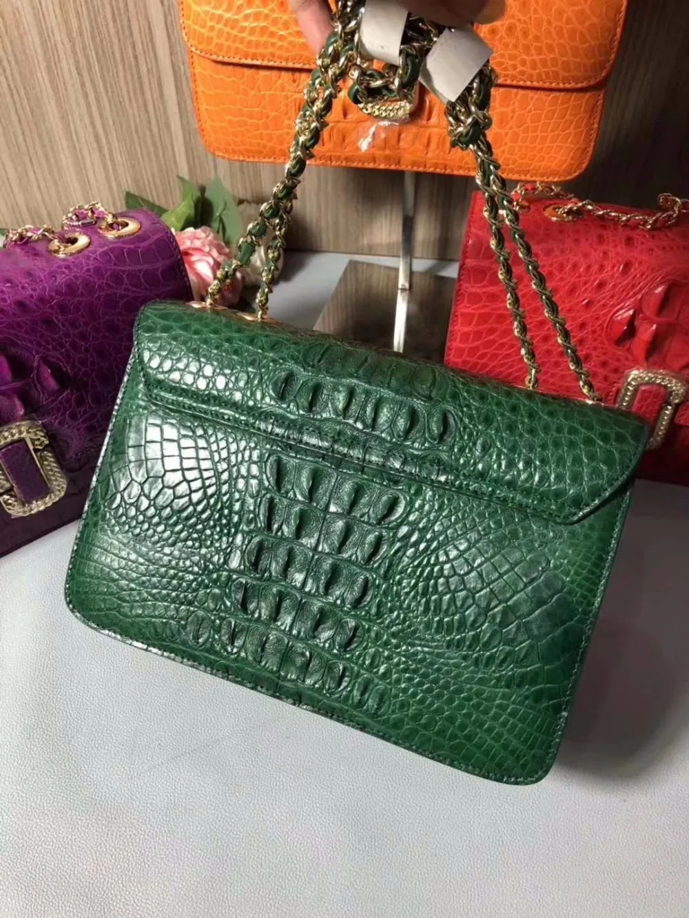 2018 newest design100% real genuine crocodile skin women cross body shouder bag white color crocodile skin orange green purple