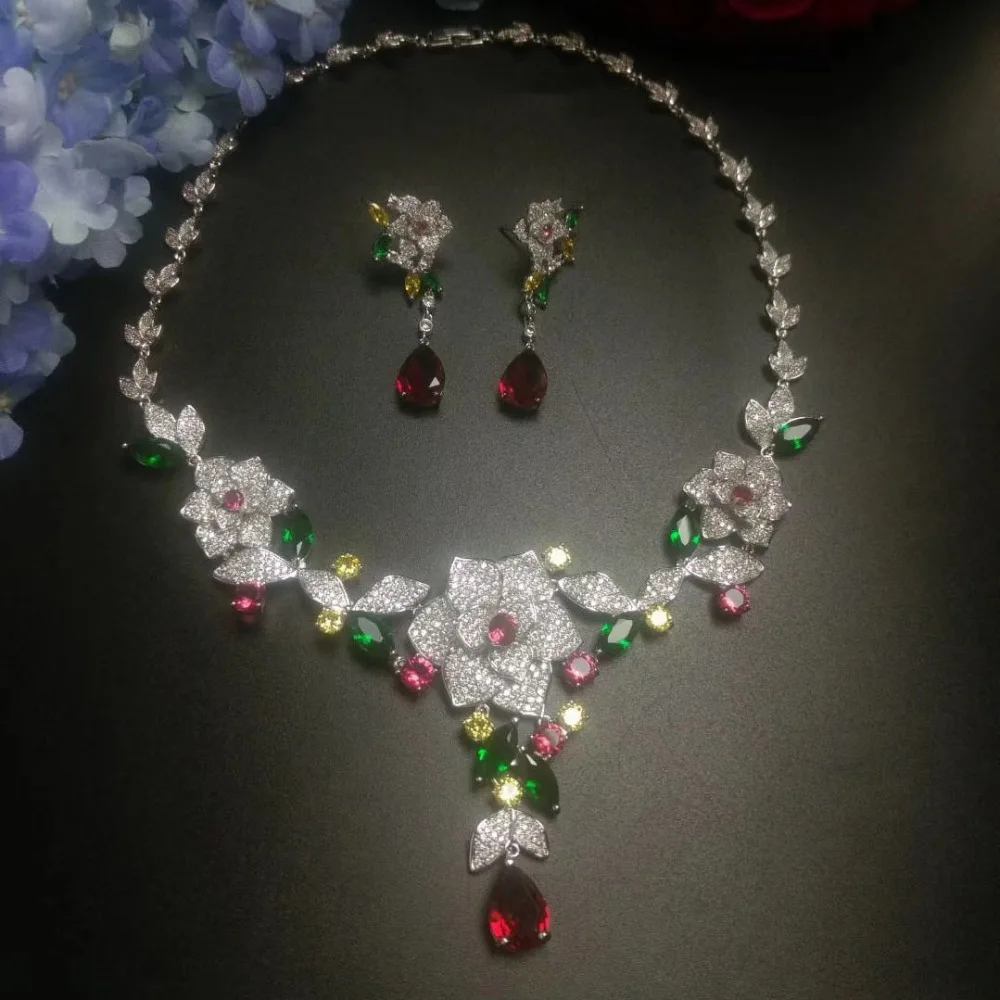 

New Luxury Micro Pave Cubic Zirconia Multicolour Big Flower Women Wedding Costume Necklace Flowers Jewelry Set For Brides