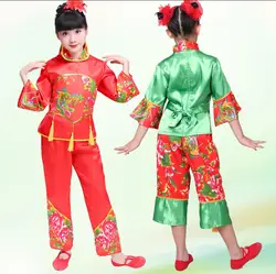 New Year Red Hanfu children's Girls Traditional Suit National Younger Style Clothing Fan Yangko Stage Dancing Clothes Costumes