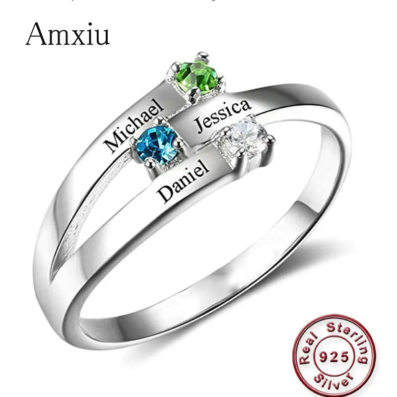 Amxiu Custom 100% 925 Sterling Silver Ring Engrave Three Names with Birthstones Rings For Mother's Day Women Party Birthday Gift