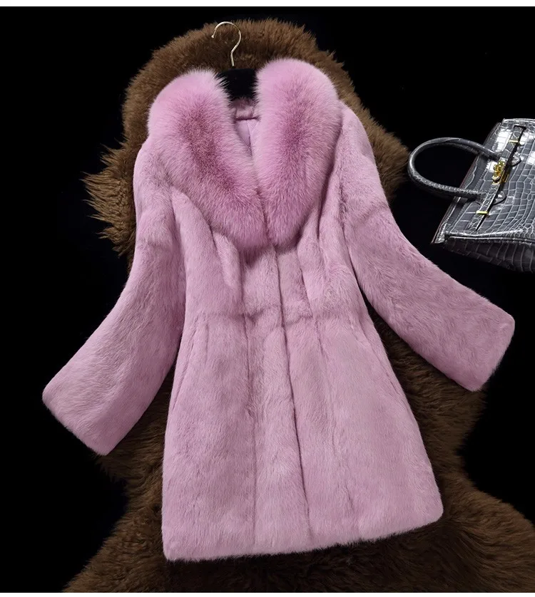 Manteau en fourrure naturelle de lapin pour femme, long manteau avec col en fourrure de renard, livraison gratuite