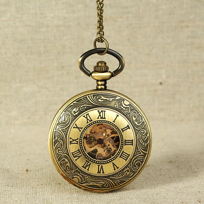 8960Antique Mechanical  Pocket Watch Bronze Spiral Pattern Golden Gear Openwork Dial Montreux Luxury Gift Necklace Pendant