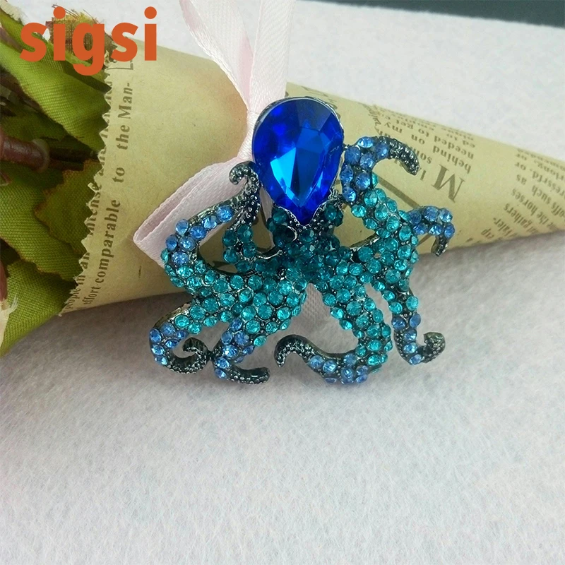 100pcs Fashion red/black/blue acrylic sparkly 50mm octopus animal rhinestone brooch pin for party/gift