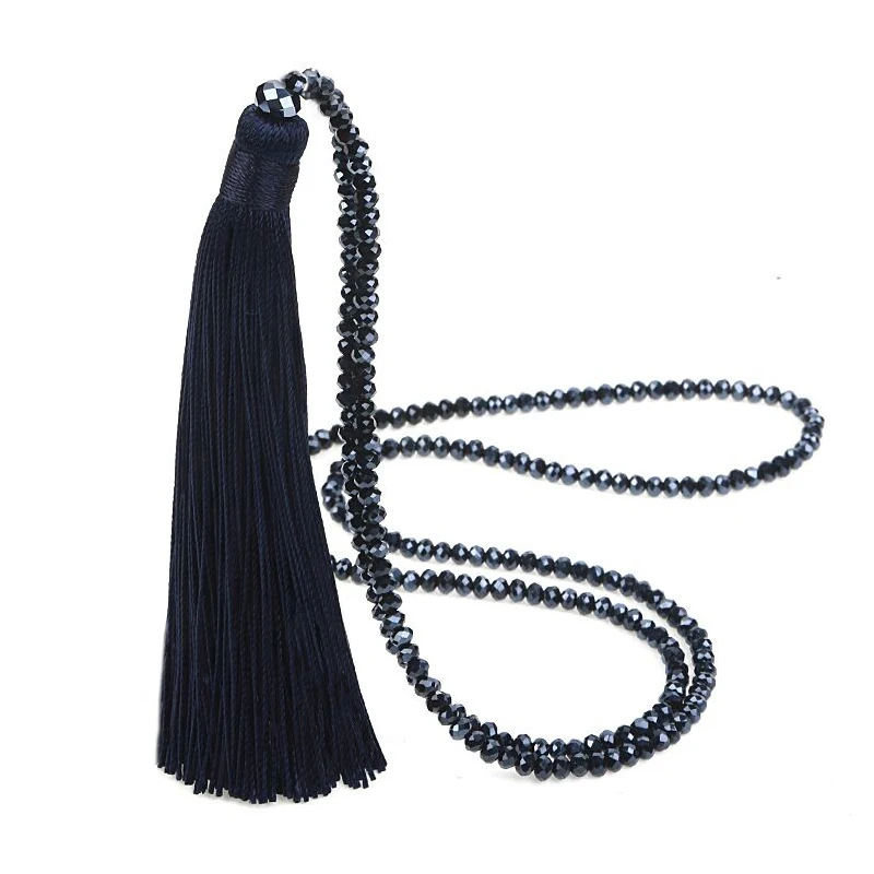 Fashion 14 Colors Long Fringe Silk Tassel Necklace Women Glass Bead Crystal Pendant Necklaces Statement Vintage Bohemian Jewelry