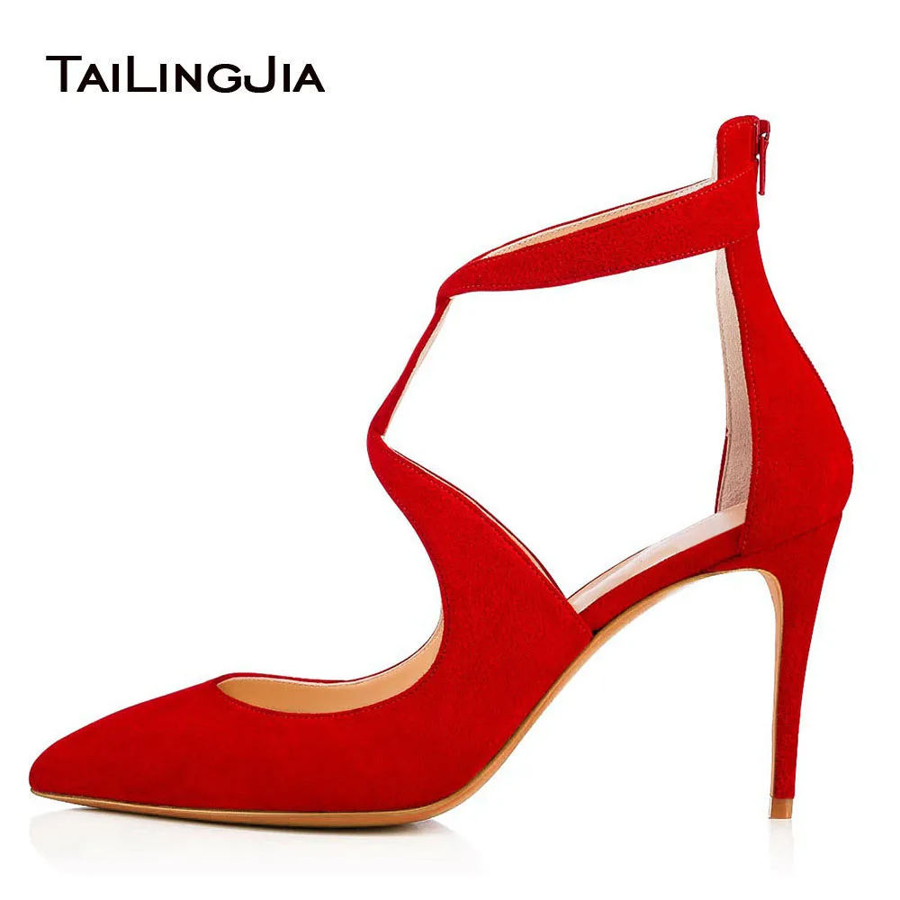 Black 9cm Low Heel Women Pumps Woman Cross Tied Pointed Toe Bukle Shoes Red Ladies Party Dress Shoes Plus Size 2024 Brand