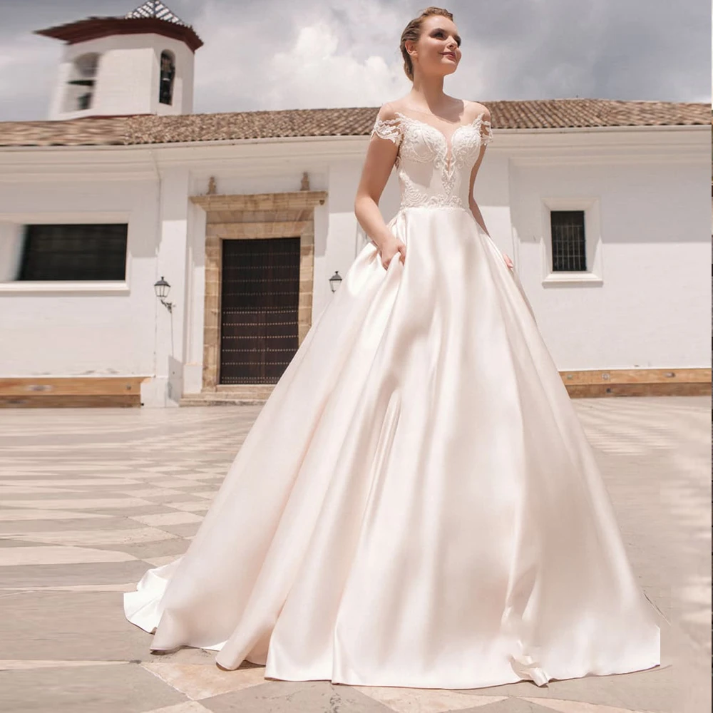 Vestidos de Novia de satén de manga corta con cuello redondo clásico, apliques personalizados, vestido de baile Blanco/Marfil, vestido de Novia