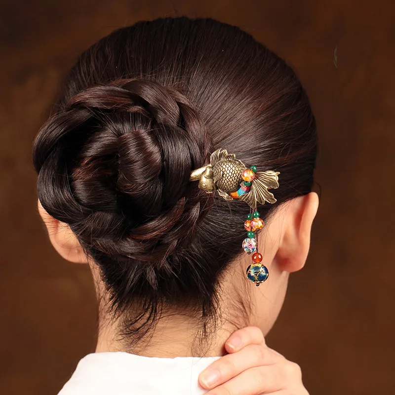 Vintage Alloy Fish Ancient Hair Sticks Handmade Women Hairwear China style Costume Head Ornaments Alloy Cloisonne Hair Accessory