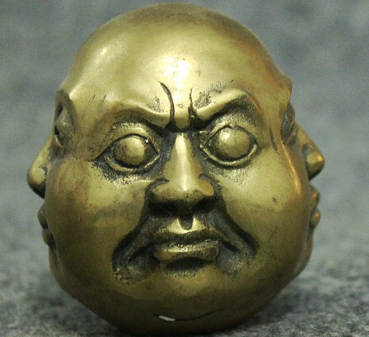 Folk China Chinese Brass Buddhism 4 Face Xi Nu Ai Le Maitreya Buddha Head Statue 8.4 cm