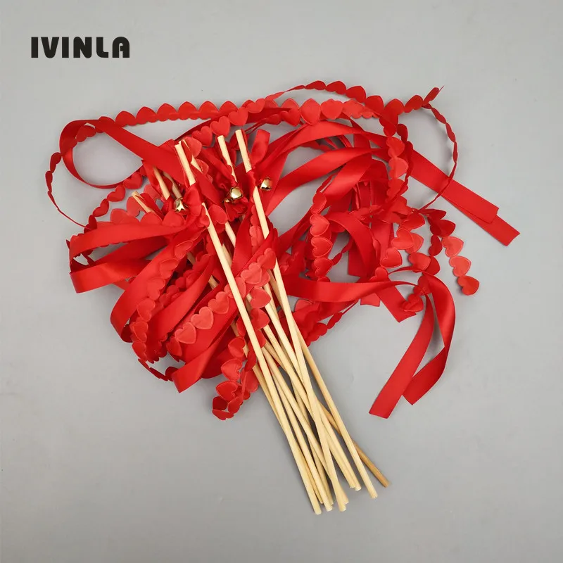 

30pcs/ red heart wedding wands with gold bell ribbon Twirling Streamers wedding ribbon stick