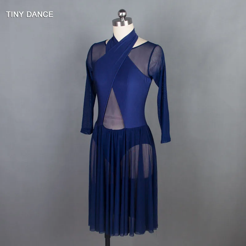 Child & Adult Navy Blue Long Sleeve Ballet, Lyrical and Contemporary Dance Costume Dress with Sexy Mesh Back 18709