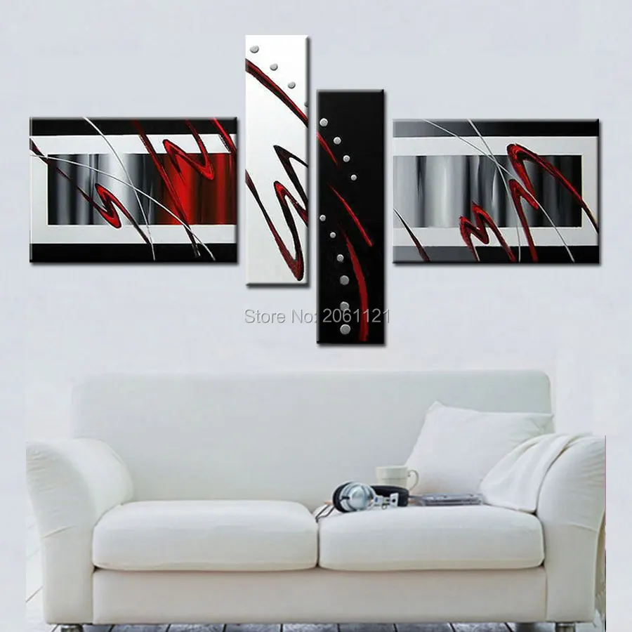 

4 piece modern abstract red white black oil painting hand painted modular wall painting for living room group canvas oil picture