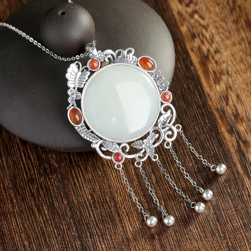 S925 Silver Hotan Jade and White Jade Mosaic South Red fringed Woman Retro Sweater Chain Hanging Pendant Wholesale