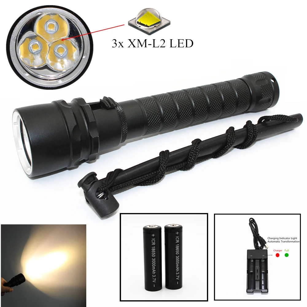 Yellow Light Diving Flashlight 3x L2 LED 3000LM Underwater Dive Light Waterproof Torch 18650 Lamp