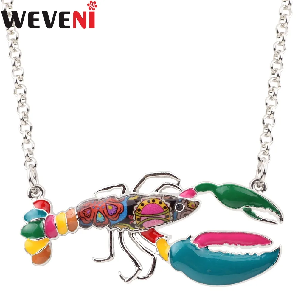 WEVENI Enamel Alloy Shrimp Lobster Necklace Pendant Chain Collar Ocean Sea Animal Jewelry For Women Girls Teens Aquarium Gift