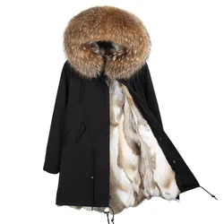 MAOMAOKONG moda donna vera pelliccia di coniglio fodera giacca invernale cappotto collo di pelliccia di volpe naturale con cappuccio parka lungo capispalla femminile