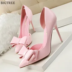 Side Hollow Soft Leather Women Pumps 7 Color Fashion Bowtie Pointed Toe High Heels Ladies Dress Wedding Shoes Woman Work Shallow