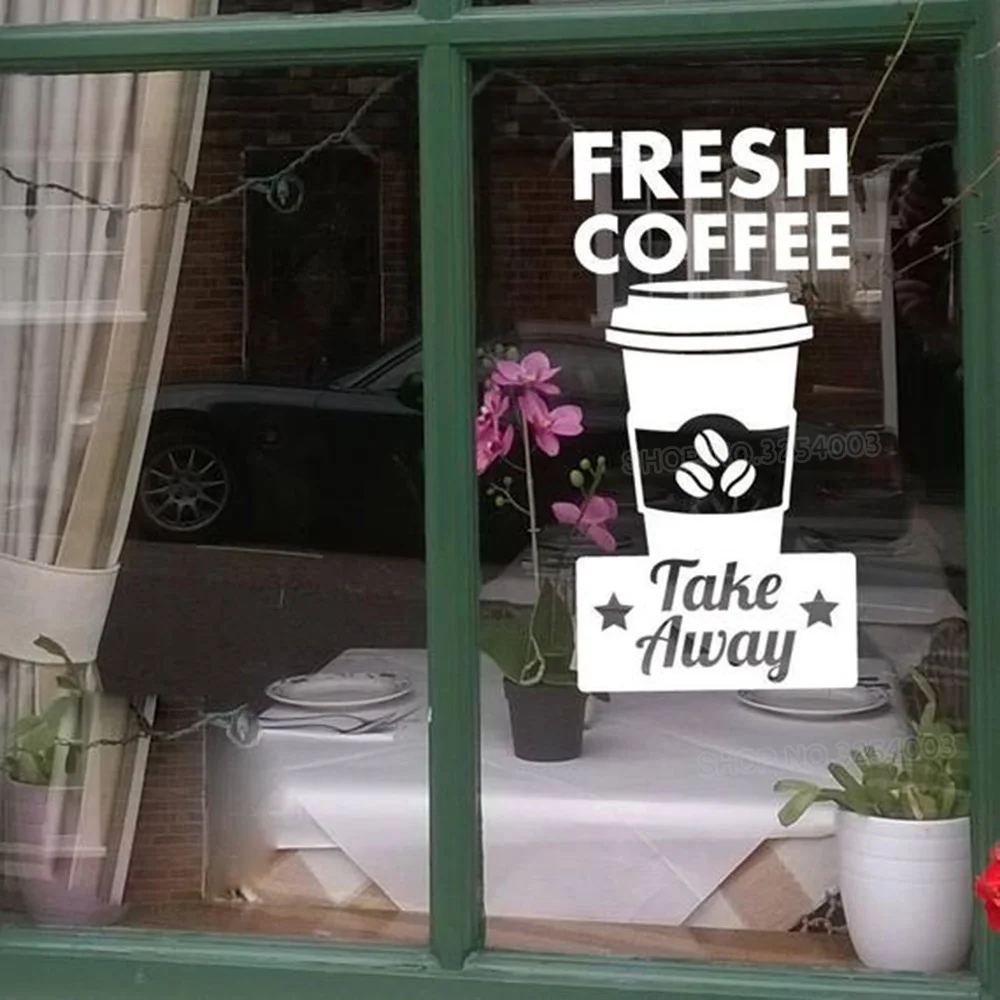 Fresh Coffee & Take Away Decals For Coffee Shop Sign Cup Restaurant Door Window Decoration Vinyl Removable Wall Stickers L810