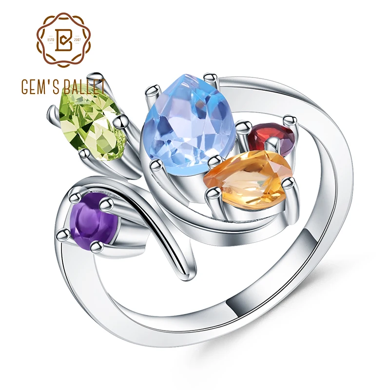 

Gem's Ballet Flower Multicolor Natural Amethyst Garnet Peridot Citrine Topaz Cocktail Ring 925 Sterling Silver Ring For Women