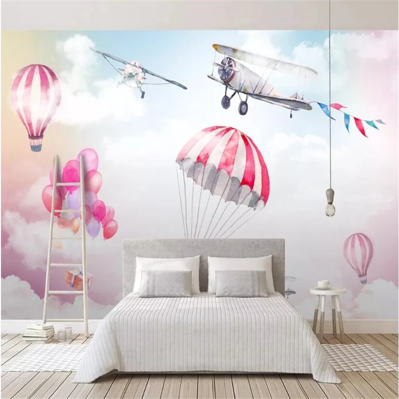 wellyu papel parede  Custom wallpaper Fresh, simple, colorful sky plane, hot air balloon, mural, TV background wall behang