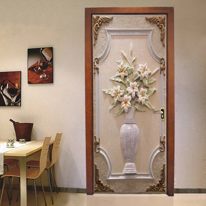 PVC Self-Adhesive Waterproof Door Wall Sticker 3D Stereo Flowers Wallpaper Door Mural Living Room Study Home Decor Paste