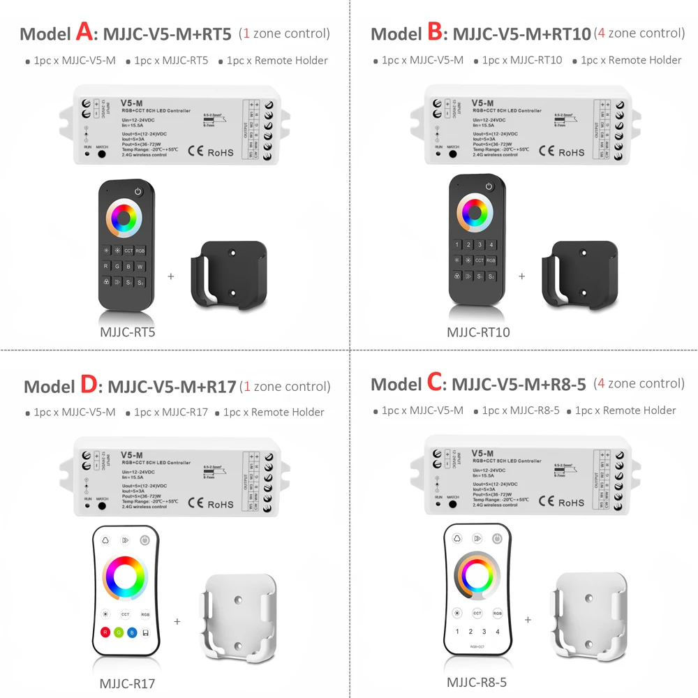 RGB RGBW CCT RGBCCT Controller 12V 24V 5 IN 1 RGBWW LED Strip Light Controller Wifi RF Wireless 2.4G Touch Remote Control