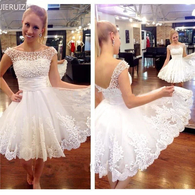 Lace Appliques Pearls Short Wedding Dresses Lace Up Back Bridal Gowns robe de mariee