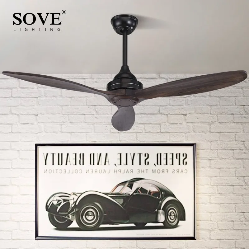 SOVE Black Vintage Wood Ceiling Fan Wooden Ceiling Fans With Lights Decorative Home Fan Lamp Retro Ceiling Fan Remote Control