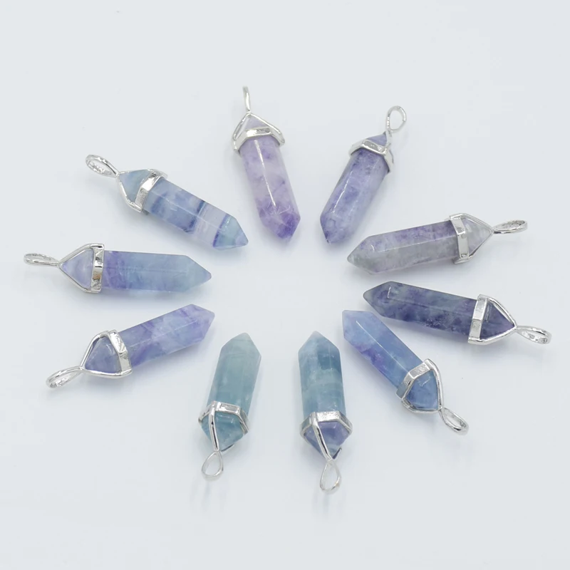 Natural Gem Stone Quartz Bullet Hexagonal Point Fluorite Necklace Pendant Pendulum Column Reiki Healing Charm Chakra Jewelry