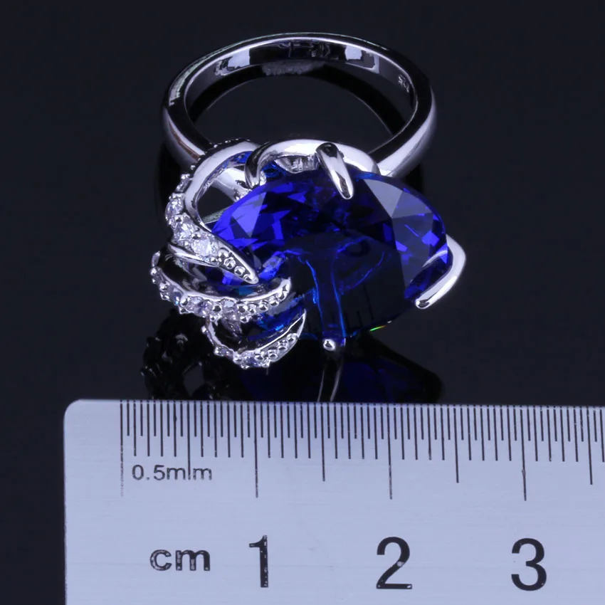 Elegant Blue Cubic Zirconia White CZ Silver Plated Ring V0556