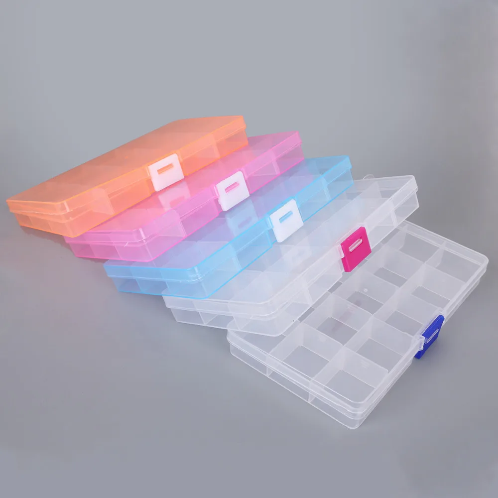 15 Grid Adjustable Transparent 5 Colors Jewelry Storage Box Ring Earring Beads Case Plastic Portable Organizer Box Travel Bins