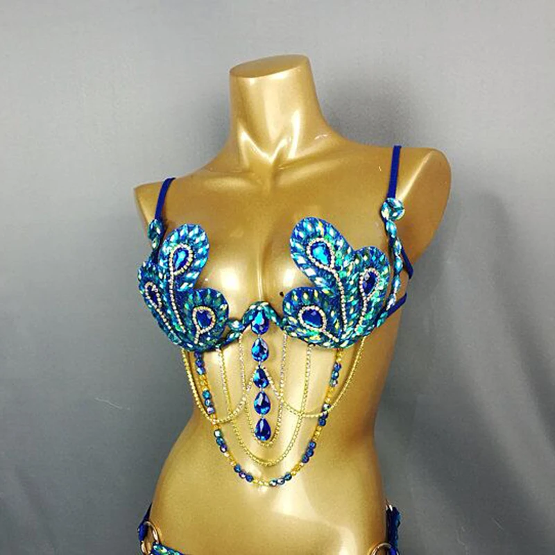 Samba sujetador Sexy para mujer, Top de carnaval, Arco Iris, piedra azul real, danza del vientre, alambre, BB010, nuevo