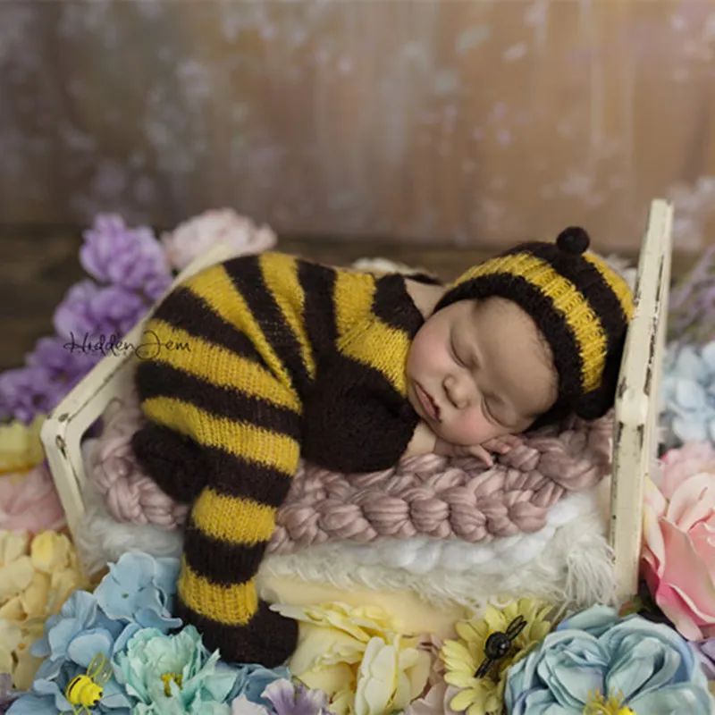 Accesorios de fotografía de mohair para bebé recién nacido, mono de abeja suave para bebé con conjunto completo de sombrero, accesorios de monos de