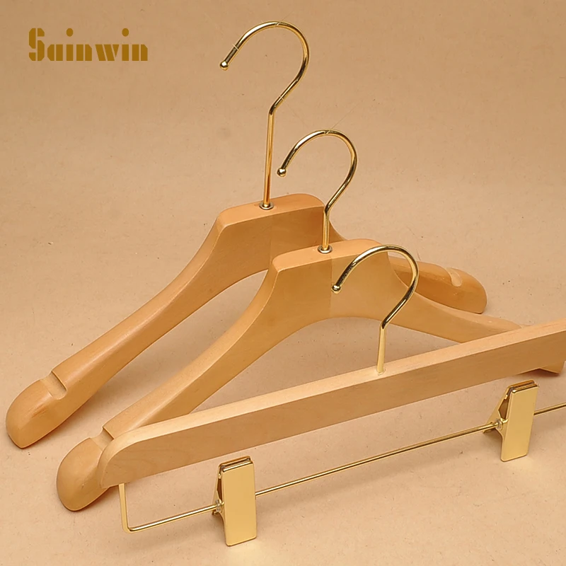 

Sainwin 10pcs/lot (30cm can LOGO) wood hangers for clohtes adult wooden hanger hotel clothes store hanger gold hooks