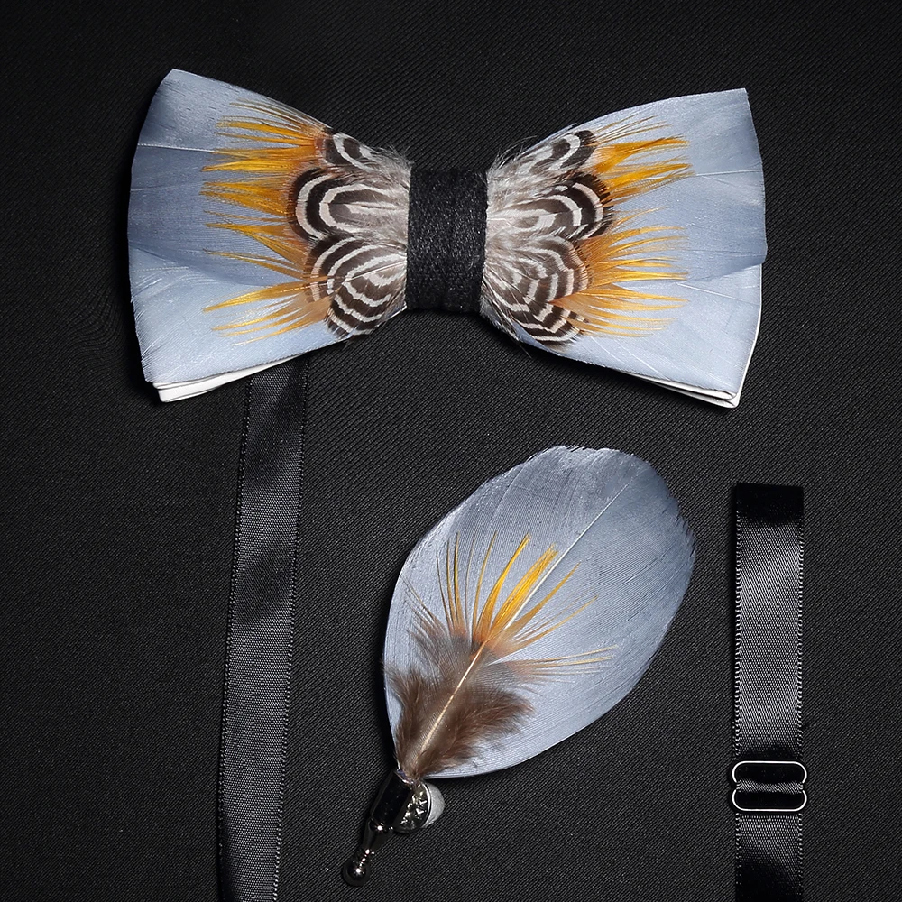 JEMYGINS original solid color feather bow tie brooch set Man Wedding Gift Fashion Handmade Leather Bow Ties Pin Gift Box Set