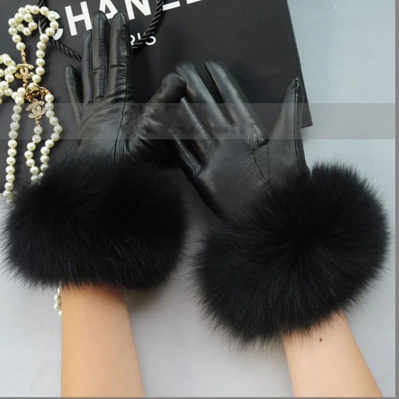 Luxury Leather Gloves With Real Fox Fur Womens Fashion 2022 Winter Red Hand Warm Black Glove Women Driving Matural Fur Gloves