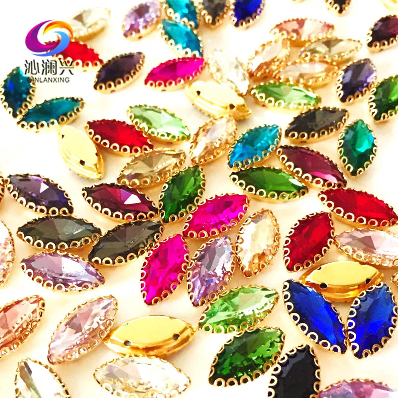 7x15mm 30pcs/bag Horse Eye Shape Glass Crystal Sew-on Rhinestones, Golden Base Lace Claw Stone, Diy/Clothing Sewing Accessories