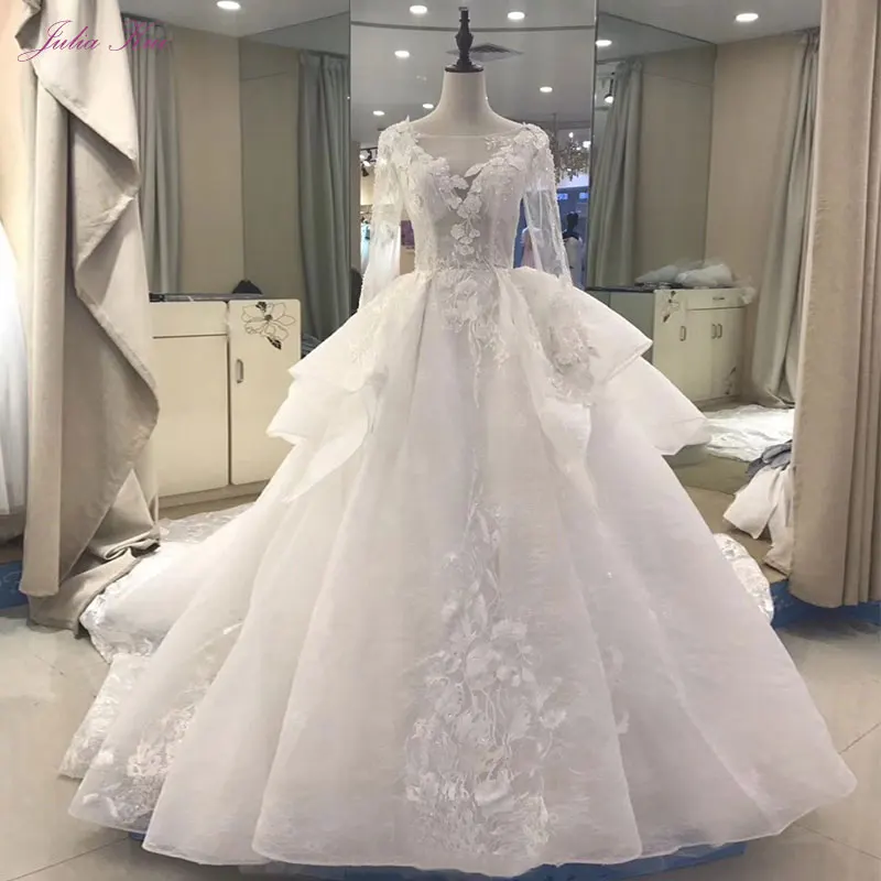 JULIA Kui ปรับแต่งวินเทจเจ้าหญิงงานแต่งงานชุด Appliques ลูกไม้ฉัตร Chapel Train Scoop ชุดเจ้าสาว Robe De Mariage ที่กําหนดเอง